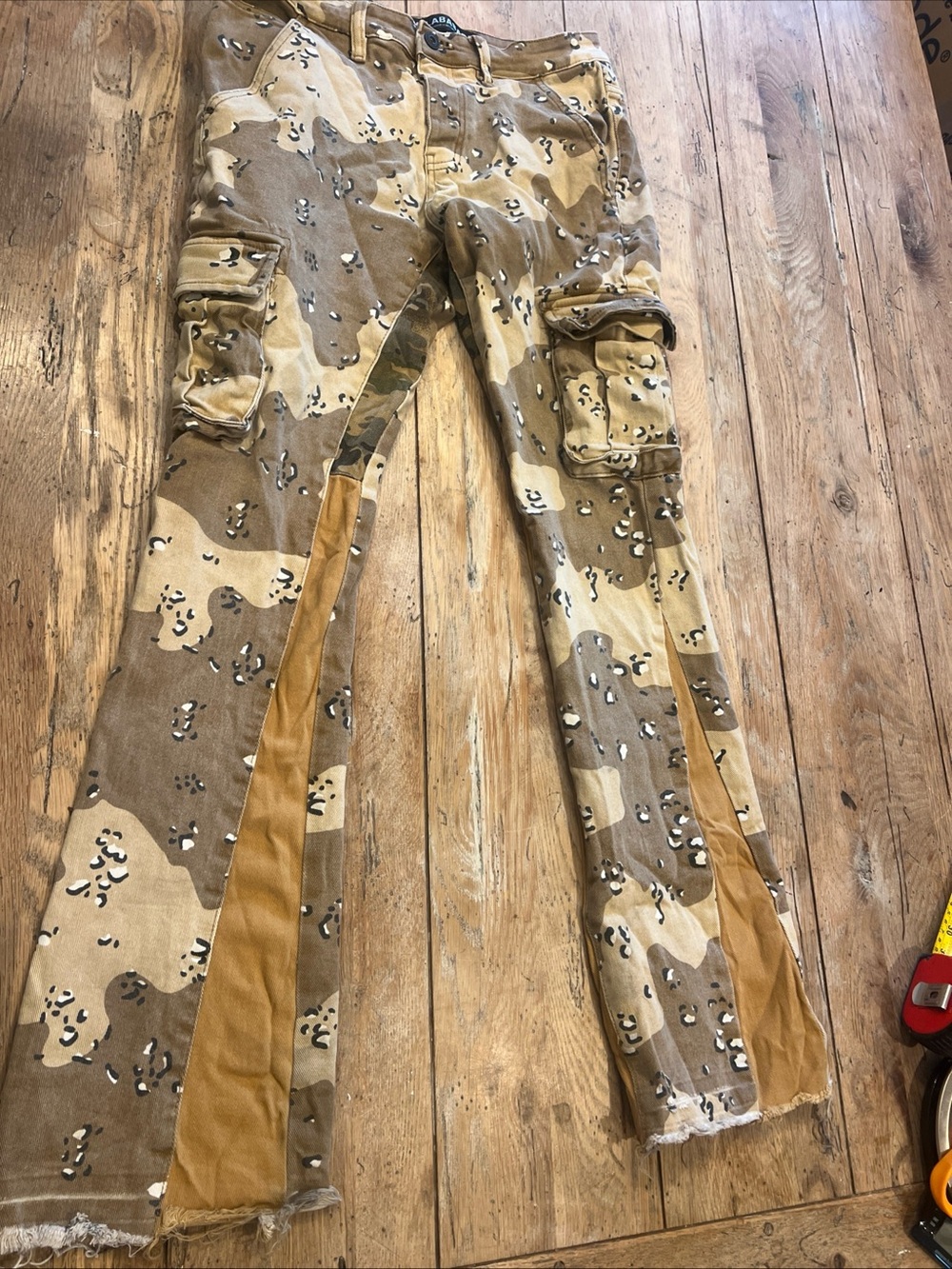 Men’s Tan Camo Cargo Pants with Panel Detail